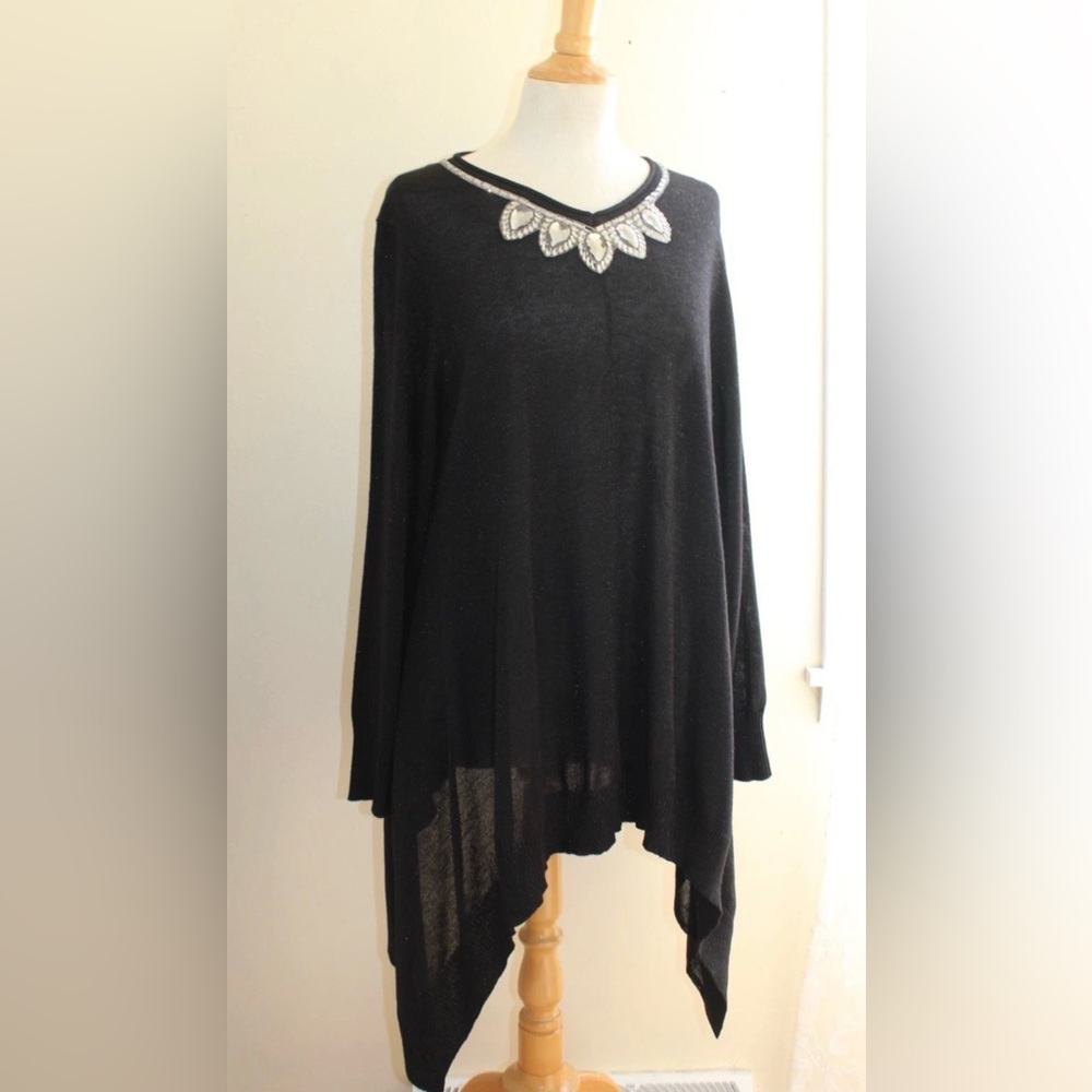 Glam asymmetrical Women's black tunic top Lagenlook rhinestone 2XL NEW party